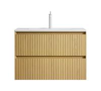 Arhatreya Collora Meuble de salle de bain avec lavabo rectangulaire en céramique blanche, à 2 tiroirs, 75 cm, pré-assemblé, couleur grain de bois