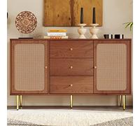 Arhatreya Commode avec 2 portes et 3 tiroirs, en rotin, avec tiroir, étagère réglable, pour salon, chambre à coucher, noyer H 90 x l 150 x P 40 cm