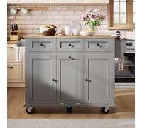 Arhatreya Îlot de cuisine avec roulettes, coin repas extensible, îlot de travail avec poubelle et tiroirs, comptoir de cuisine mobile pour cuisine et salle à manger, gris