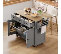 Arhatreya Îlot de cuisine avec roulettes, coin repas extensible, îlot de travail avec poubelle et tiroirs, comptoir de cuisine mobile pour cuisine et appartement, gris