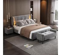 Arhatreya Lit capitonné, 140 x 200 cm, chambre complète, avec table de chevet et tabouret, lit double avec bandes lumineuses colorées, lit d'appoint, pour chambre à coucher, chambre d'amis (sans