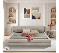 Arhatreya Lit capitonné, 140 x 200 cm, lit double, avec dossier confortable, avec sommier à lattes, pour appartement, chambre à coucher, sans matelas, en tissu chenille beige