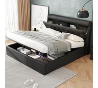 Arhatreya Lit capitonné, 140 x 200 cm, lit double avec sommier à lattes, plateau de tête de lit dissimulé, rangement de tiroir, lit pour adultes et adolescents (sans matelas), en polyuréthane noir
