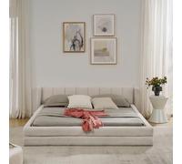 Arhatreya Lit capitonné, 160 x 200 cm, lit double, avec dossier confortable, avec sommier à lattes, pour appartement, chambre à coucher (sans matelas), en tissu chenille beige