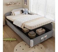 Arhatreya Lit capitonné, 90 x 200 cm, espace de rangement hydraulique, avec clôture, sac de rangement, plaque latérale droite, lit simple pour enfants filles (sans matelas), velours gris