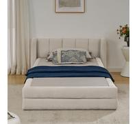 Arhatreya Lit capitonné, 90 x 200 cm, lit simple, avec dossier confortable, avec sommier à lattes, pour chambre d'amis, chambre à coucher (sans matelas), en tissu chenille beige
