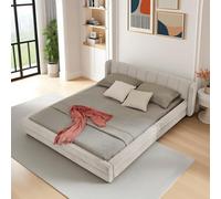 Arhatreya Lit double rembourré, 140 x 200 cm, avec dossier confortable, avec sommier à lattes, pour chambre d'amis, chambre à coucher (sans matelas), en tissu chenille beige