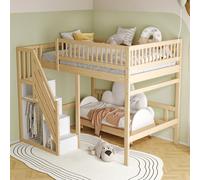 Arhatreya Lit mezzanine, 140 x 200 cm, avec armoire de rangement, en bois, avec sommier à lattes, escalier, lit simple pour chambre d'enfant, chambre à coucher (sans matelas), couleur bois
