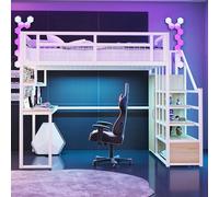 Arhatreya Lit mezzanine, 140 x 200 cm, avec échelle de rangement, lit en métal, armoire, lit d'adolescent avec étagère, table et étagère en filet, lit pour enfants et adolescents (sans matelas), blanc