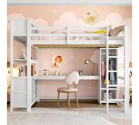 Arhatreya Lit mezzanine, 140 x 200 cm, avec étagères, en bois, avec compartiments de rangement, lit simple avec bureau et armoire, lit avec sommier à lattes, pour enfant (sans matelas) - Blanc