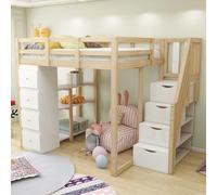 Arhatreya Lit mezzanine, 140 x 200 cm, avec étagères, tiroirs, en bois massif, avec escalier de sécurité, lit en bois massif avec sommier à lattes, pour enfants et adolescents (sans matelas), couleur