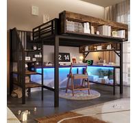 Arhatreya Lit mezzanine 140 x 200 cm en marron vintage noir | Sans matelas, lit d'enfant avec bureau d'angle, espace de rangement et paroi perforée, prise avec port USB et type C