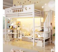 Arhatreya Lit mezzanine 140 x 200 cm en métal USB LED bureau étagère blanc | Avec paroi perforée et garde-corps de sécurité, organisation pratique, pieds stables en forme de K sans matelas