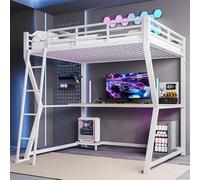 Arhatreya Lit mezzanine, 140 x 200 cm, pour enfant, avec bureau, tablette console d'ordinateur, lit en métal avec prise de courant + USB, lit simple avec balustrade et escalier (sans matelas), en