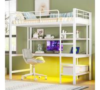 Arhatreya Lit mezzanine, 90 x 200 cm, avec balustrade, lit en métal, avec USB et prise, lit pour adolescent avec bureau et étagère, lit pour enfants et adolescents (sans matelas), en métal, blanc