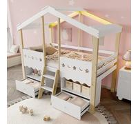 Arhatreya Lit mezzanine, 90 x 200 cm, avec barre lumineuse LED et échelle, lit demi-hauteur avec tiroirs et sommier à lattes, pour enfants et adolescents (sans matelas), blanc + naturel