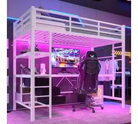 Arhatreya Lit mezzanine, 90 x 200 cm, avec bureau, 3 tiroirs, lit en métal avec prise de courant + USB, lit pour enfants et adolescents (sans matelas), blanc
