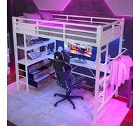 Arhatreya Lit mezzanine, 90 x 200 cm, avec bureau, 3 tiroirs, lit en métal avec prise de courant + USB, lit simple avec lumière d'ambiance (sans matelas), blanc