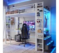 Arhatreya Lit mezzanine, 90 x 200 cm, avec bureau et barre de séchage, lit en métal, avec tiroirs et étagères, avec prise USB + type C, lit pour chambre d'enfant, chambre à coucher (sans matelas