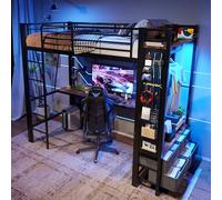 Arhatreya Lit mezzanine, 90 x 200 cm, avec bureau et barre de séchage, lit en métal, avec tiroirs et étagères, avec prise USB + type C, lit pour enfants et adolescents (sans matelas), noir