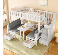 Arhatreya Lit mezzanine, 90 x 200 cm, avec bureau et échelle de rangement, en bois, avec clôture décorative, cadre de lit avec sommier à lattes, pour enfants, adolescents (sans matelas) - Blanc