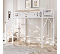 Arhatreya Lit mezzanine 90 x 200 cm, avec escaliers, en métal, avec échelle de sécurité, design de fenêtre, cadre de lit avec sommier à lattes, pour enfants et adolescents (sans matelas) - Blanc