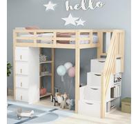 Arhatreya Lit mezzanine, 90 x 200 cm, avec étagères, tiroirs, en bois massif, avec escalier de sécurité, lit en bois massif avec sommier à lattes, pour enfants et adolescents (sans matelas), couleur