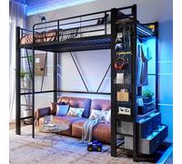 Arhatreya Lit mezzanine, 90 x 200 cm, avec planche perforée et barre de séchage, lit en métal, avec tiroirs et étagères, avec prise USB + type C, lit pour chambre d'enfant (sans matelas), noir
