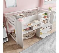 Arhatreya Lit mezzanine, 90 x 200 cm, avec plusieurs compartiments de rangement, en bois, avec échelle, lit demi-hauteur avec sommier à lattes, pour enfants, adolescents (sans matelas), blanc