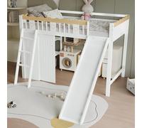 Arhatreya Lit mezzanine, 90 x 200 cm, avec toboggan, en bois, avec armoire, lit avec clôture à quatre côtés, pour enfants, adolescents (sans matelas), blanc + naturel