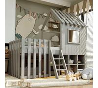Arhatreya Lit mezzanine, 90 x 200 cm, avec toit et fenêtre, en bois, avec espace de rangement ouvert, échelle d'escalade, pour enfants et adolescents, sans matelas, gris