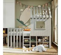 Arhatreya Lit mezzanine, 90 x 200 cm, avec toit et fenêtre, en bois, espace de rangement ouvert, avec échelle d'escalade, pour enfants et adolescents, sans matelas, gris