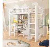 Arhatreya Lit mezzanine, 90 x 200 cm, en bois, avec compartiments de rangement, échelle et bureau, lit simple avec 3 tiroirs, pour enfants et adolescents (sans matelas), blanc