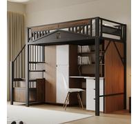 Arhatreya Lit mezzanine 90 x 200 cm, en métal, avec fenêtre, échelle de sécurité, boîtier de sécurité unique, lit avec espace de rangement, pour adolescents et adultes, sans matelas, noir
