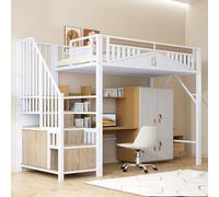 Arhatreya Lit mezzanine 90 x 200 cm, en métal, avec fenêtre, échelle de sécurité, boîtier de sécurité unique, lit avec espace de rangement, pour adolescents, adultes, sans matelas, blanc