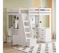 Arhatreya Lit mezzanine, 90 x 200 cm, lit simple avec étagères et armoires, lits pour adolescents, avec tiroirs de rangement, lit enfant avec table de travail, lit en bois, avec échelle d'escalade de