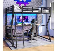 Arhatreya Lit mezzanine, 90 x 200 cm, pour enfant, avec bureau, tablette console d'ordinateur, lit en métal avec prise de courant + USB, lit simple avec balustrade et escalier (sans matelas), en métal