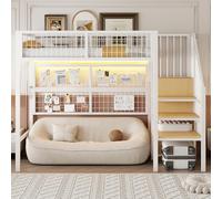Arhatreya Lit mezzanine 90 x 200 cm, pour enfant, avec espace de rangement et escaliers, armoire ouverte, avec bandes lumineuses LED APP, pour enfants, adolescents (sans matelas), blanc