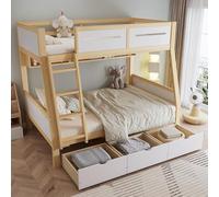 Arhatreya Lit superposé, 90/120 x 200 cm, avec tiroirs, en bois, avec support pour livres d'images, escabeau, avec clôture, pour enfants et adolescents, sans matelas, blanc + naturel