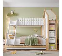 Arhatreya Lit superposé, 90/140 x 200 cm, pour enfant, avec barrière de lit, lit superposé, avec rail de maison, en bois, avec tiroirs, cadre de lit avec sommier à lattes, lit pour chambre d'enfant