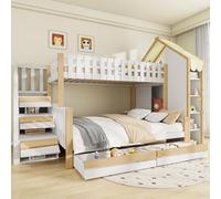 Arhatreya Lit superposé, 90/140 x 200 cm, pour enfant, avec échelle de rangement, lit superposé, avec barre de maison, en bois, avec tiroirs, cadre de lit avec sommier à lattes, sans matelas, blanc +