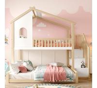 Arhatreya Lit superposé, 90/140 x 200 cm, pour enfant, avec grille, échelle de rangement, en bois, avec fenêtre, lit avec rail de maison, pour enfants, adolescents (sans matelas) en pin naturel et