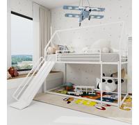 Arhatreya Lit superposé, 90 x 190 cm, avec toboggan, lit mezzanine avec échelle, cadre de lit en métal en forme de maison, pour enfants garçons (sans matelas) blanc