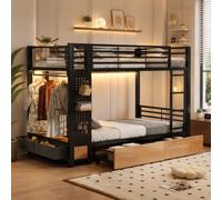 Arhatreya Lit superposé 90 x 200 cm - Cadre en fer avec tiroirs LED - Noir | 4 tiroirs avec surfaces de rangement, paroi perforée, tringle à vêtements et espace de rangement sans matelas