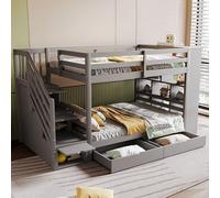 Arhatreya Lit superposé, 90 x 200 cm, en bois, avec tiroirs, casiers, escalier de sécurité, compartiments de rangement, pour enfants, adolescents (sans matelas) - Gris pin