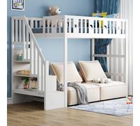 Arhatreya Lit superposé 90 x 200 cm, lit d'enfant avec escalier, lit mezzanine avec rampe de sécurité, lit en bois avec décoration étoile et lune, lit pour enfants adolescents (sans matelas) en bois