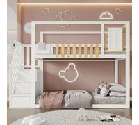 Arhatreya Lit superposé, 90 x 200 cm, pour enfant, avec escalier, en bois, avec fenêtre et étagère, lit superposé, avec grille de protection anti-chute, avec 3 casiers, pour chambre d'enfant, chambre