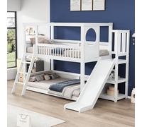 Arhatreya Lit superposé, 90 x 200 cm, pour enfant avec étagères, toboggan, lit double en bois avec échelle, lit pour chambre d'enfant (sans matelas) en pin + MDF blanc