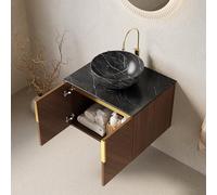 Arhatreya Meuble de salle de bain mural de 61 cm avec bol noir, lavabo en céramique avec motif pierre, plan de travail en pierre frittée noire, armoire en contreplaqué avec 2 portes