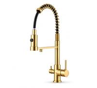 Ari Mitigeur Cuisine Trois Voies Ressort Douchette Solid, Or Brossé | Robinet Évier 3 Voies pour Eau Filtrée, Bec Haut 46 cm Orientable 360°, 2 Jets, Doré Mat Satiné